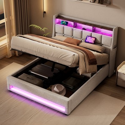 NicBex Full Lift Up Storage Bed with LED Lights and USB Charging,Upholstered Bed Frame with Hydraulic Storage System,No Box Spring Needed,Natural