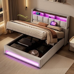 NicBex Full Lift Up Storage Bed with LED Lights and USB Charging,Upholstered Bed Frame with Hydraulic Storage System,No Box Spring Needed,Natural - 1 of 4