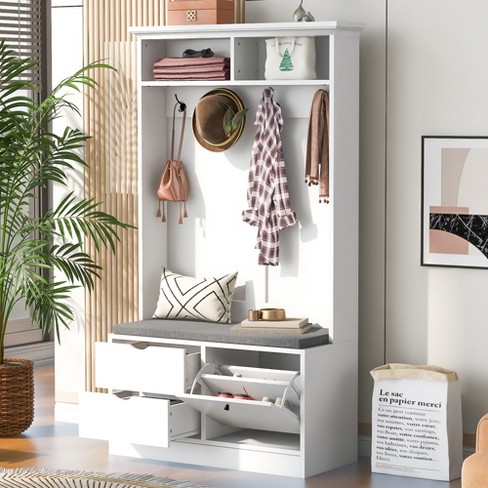 5 in 1 Entryway Bench with Coat Rack and 4 Sturdy Hooks 40.6 Wide Hall Tree with Shoe Storage Bench White ModernLuxe