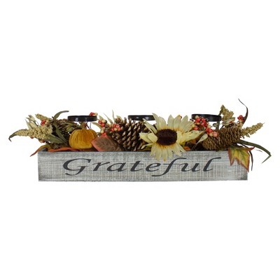 Northlight 26" Autumn Harvest Sunflower 3-Piece Candle Holder in a "Grateful" Rustic Wooden Box Centerpiece