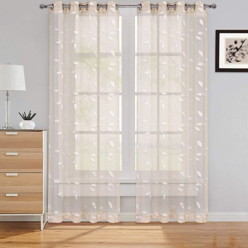 Leaves Embroidered Voile Sheer Grommet Window Curtain Panels, 1 of 6