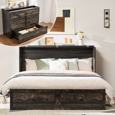 AMERLIFE Murphy Bed with Storage& Charging Station, Farmhouse Cabinet Bed, Noise-Free, for Guest Room, Apartment, or Office