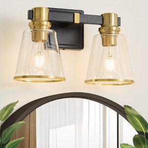 POWLIG 13.77-in 2-Light Black&Gold Modern Dimmable Vanity Light with Cone Clear Glass Shade Suitable for Bathroom Living Room - 1 of 4
