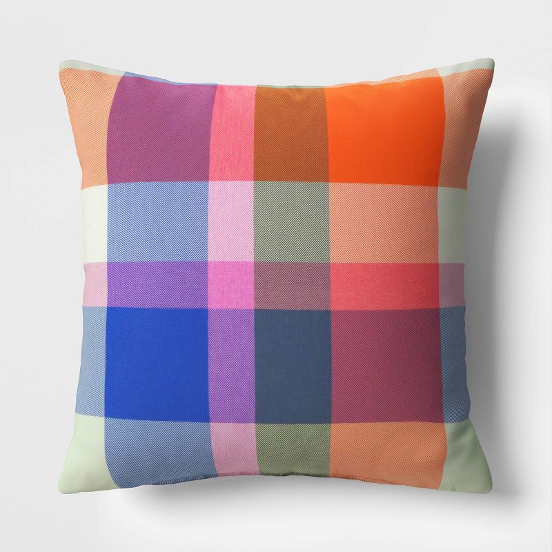 18&#34;x18&#34; Bold Plaid Square Outdoor Throw Pillow Multicolor - Threshold&#8482;, 1 of 6