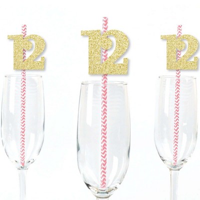 Big Dot of Happiness Gold Glitter 12 Party Straws - No-Mess Real Gold Glitter Cut-Out Numbers & Decorative 12th Birthday Party Paper Straws - 24 Ct