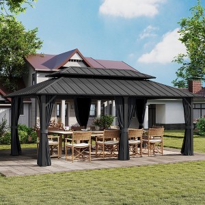 HAPPATIO Outdoor Hardtop Gazebo, Double Galvanized Steel Roof Gazebo with Aluminum Frame, Curtains and Netting - 1 of 4