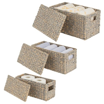 Gray Wicker Rectangular Storage Basket Set with Lids