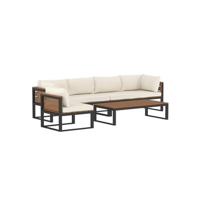 4pc Metal & Wood All Weather Patio Sectional Set - Natural - Saracina Home