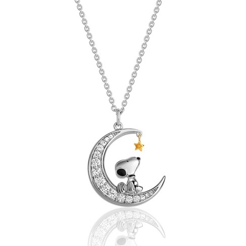 Peanuts Womens Snoopy Moon Cubic Zirconia 18K Yellow Gold Plated Necklace,  18''