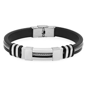 Steeltime Men's black rubber bracelet with stainless steel mesh inlay - 1 of 4
