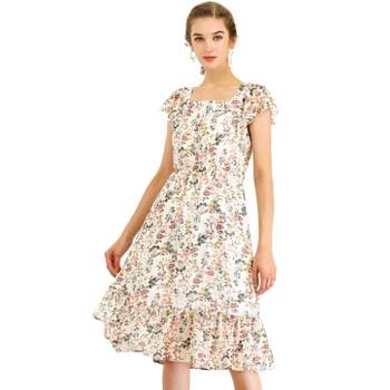 Allegra K Women's Floral Chiffon Flutter Sleeve Belted Square Neck Ruffled Hem Dress