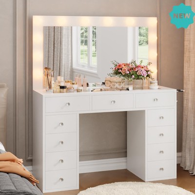 Jojoka Makeup Vanity Desk with Mirror & Lights, White Dressing Table with 11 Drawers, Glass Top, Power Outlet & USB Ports