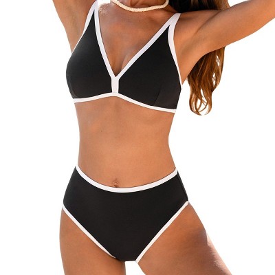 Women's Black Triangle Top Bikini Sets with White Trim- Cupshe