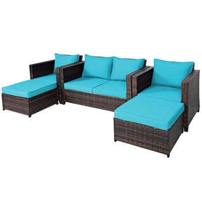Tangkula Outdoor Wicker Coversation Set with Removable Cushions White/Navy/Red/Turquoise/Black, 5 Piece