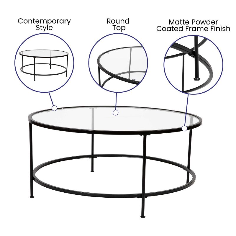 Flash Furniture Astoria Collection Round Coffee Table - Modern Clear Glass Coffee Table with Matte Black Frame, 4 of 12