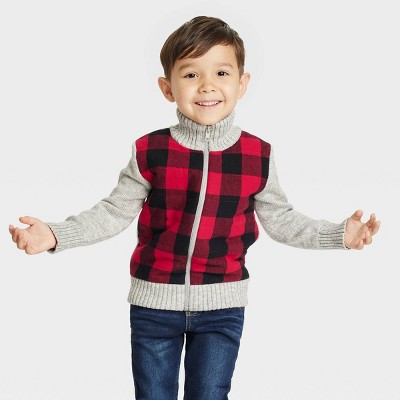 Toddler Boys' Buffalo Check Knit Zip-Up Sweater - Cat & Jack™ Red
