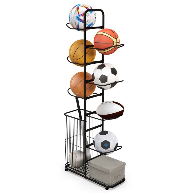 Costway 7-Tier Ball Storage Rack with 7 Removable Hanging Rods & Side Ball Basket Black, 1 of 11