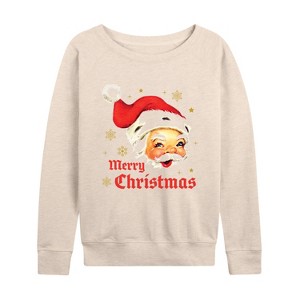 Women's - Instant Message - Merry Christmas Vintage Santa White Tee Lightweight French Terry Wide Neck Long Sleeve Shirt - 1 of 4