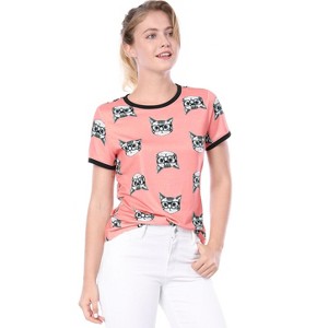 Allegra K Women's Cat Contrast Cartoon Print Tee Casual Summer T-Shirt - 1 of 4
