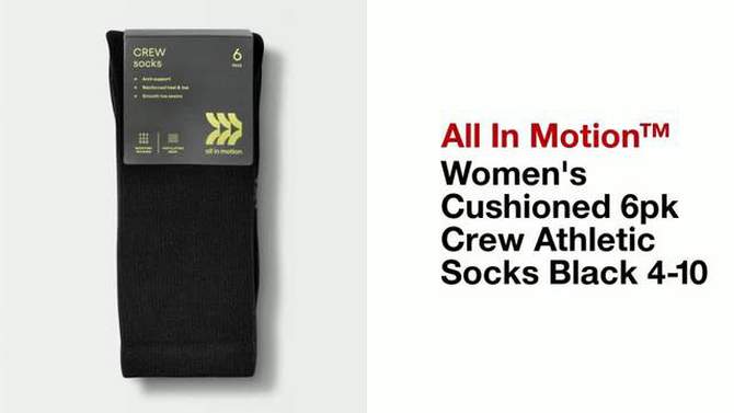 Women's Extended Size Cushioned 6pk Crew Athletic Socks - All In Motion™ Black, 5 of 8, play video
