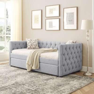 NicBex Full Size Daybed with Twin Size Trundle,Upholstered Sofa Bed with Copper Nail for Bedroom,Living Room,Apartment