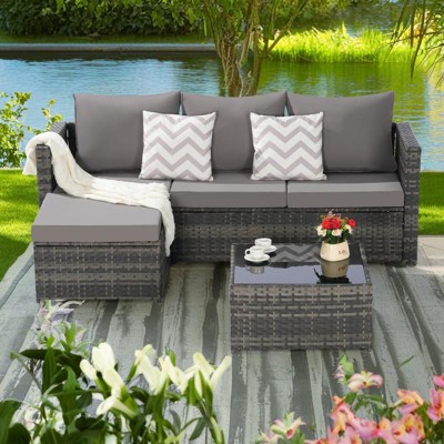 3-Pieces Outdoor Patio L-Shaped Sectional Sofa Set with Glass Coffee Table