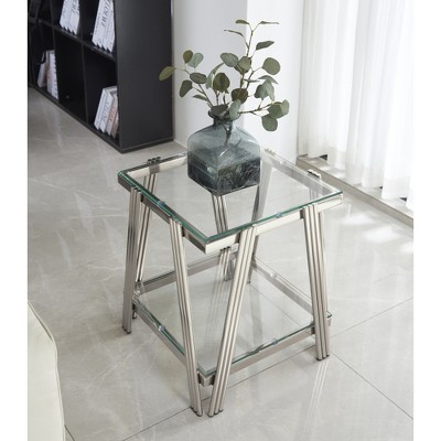 20" Square Modern Stainless Steel End Table with Double-Layer Tempered Glass and Storage