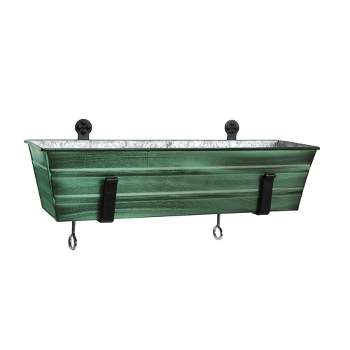 22" Wide Rectangular Flower Box Green Patina Galvanized Steel with Black Wrought Iron Clamp-On Brackets - ACHLA Designs