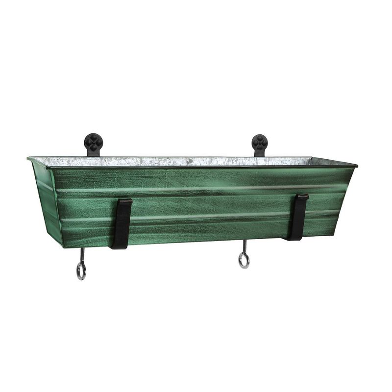 22&#34; Wide Rectangular Flower Box Green Patina Galvanized Steel with Black Wrought Iron Clamp-On Brackets - ACHLA Designs, 1 of 8