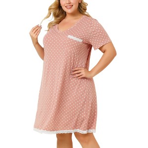 Women's Plus Size Pajamas Polka Dots  Lace Trim V Neck Short Sleeve Lounge Midi Nightgowns with Pocket - Agnes Orinda - 1 of 4