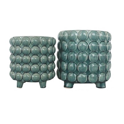 Sagebrook Home Set of 2 Ceramic Footed Planters with Bubbles Green