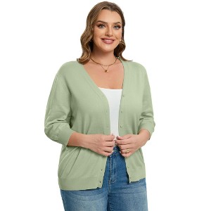 Women's Plus Size V-Neck Cardigan Casual 3/4 Sleeve Knit Button Down Open Front Sweater - 1 of 4