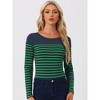 INSPIRE CHIC Women's Color Block Round Neck Long Sleeves Striped Basic T-Shirt - 2 of 4