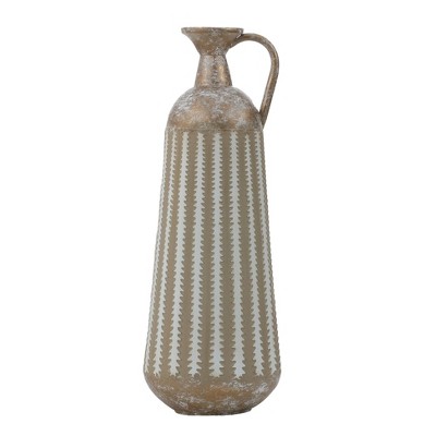 LuxenHome 16.75-Inch Tall Distressed Tan and White Metal Table Pitcher Vase Multicolored