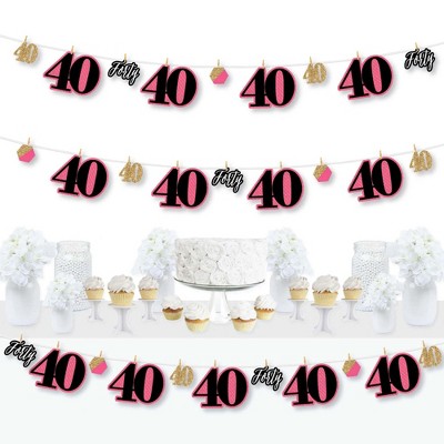 Big Dot of Happiness Chic 40th Birthday - Pink, Black and Gold - Birthday Party DIY Decorations - Clothespin Garland Banner - 44 Pieces