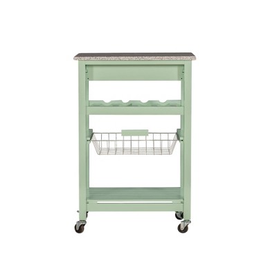 Roger Green Wood Movable Kitchen Cart Granite Top Storage Wine Rack