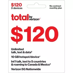 Total By Verizon $120 Unlimited Talk, Text & Data 3-Device No Contract Monthly Plan (Email Delivery)