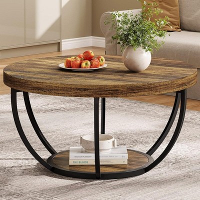 HTUTWOO 31.7" 2-Tier Round Coffee Table, Modern Wood Accent Center Table with Storage Open Shelves For Living Room, Home Office