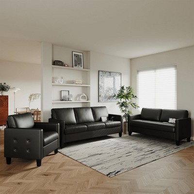 TYBOATLE Faux Leather Sofa 2 Set, Living Room Upholstered Sofa Couch, Mid Century Modern Couch Set with Wooden Legs for Living Room, Bedroom, Office