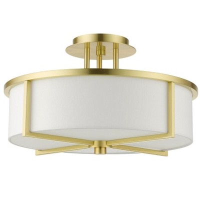 Satin Brass and Glass 3-Light Drum Semi-Flush Mount