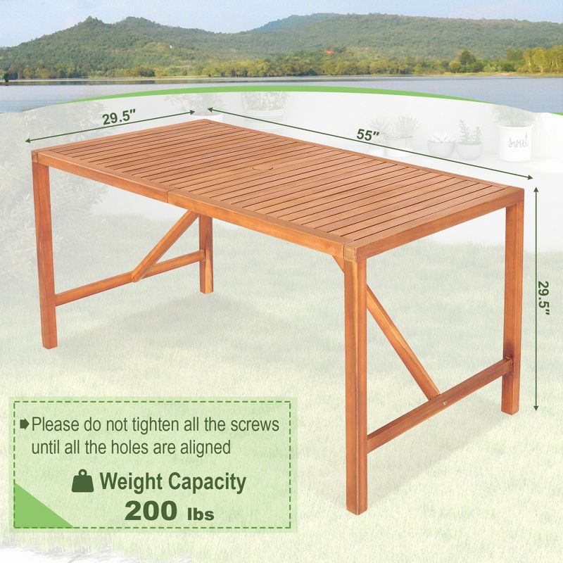 Costway Patio Rectangular Acacia Wood Dining Table 4-6 Person Outdoor 2'' Umbrella Hole, 3 of 9