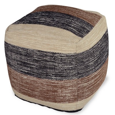Tri-Color Earth Stripe Handwoven Pouf in Black, Brown, and Beige