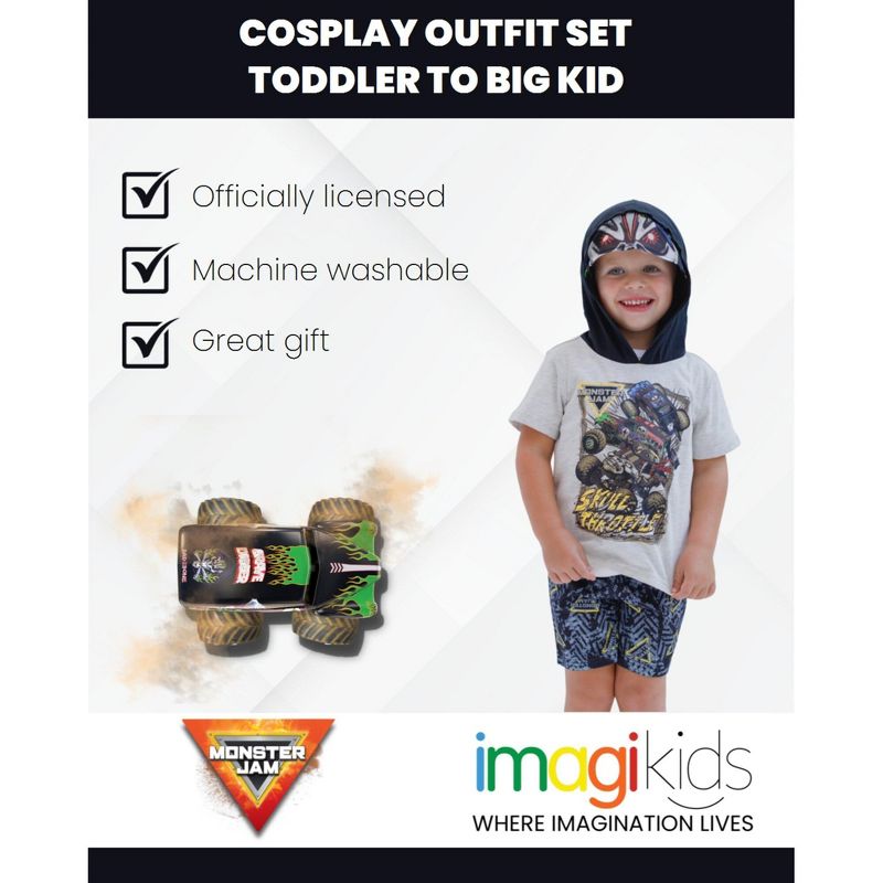 Monster Jam Son-uva Digger Zombie Grave Digger Cosplay T-Shirt and Mesh Shorts Outfit Set Toddler to Big Kid, 3 of 8