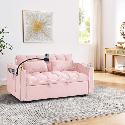 Vynxaria 55.51 inch versatile foldable modern velvet pull-out sofa bed in 3 lengths with USB port and phone stand,PINK