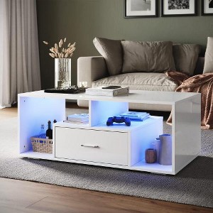 Coffee Table With 16 Colors LED Lights, Modern Center Table With Open Shelves & Drawer, Rectangle Cocktail Tea Table For Living Room Home Office - 1 of 4