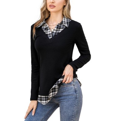 Women's Short Sleeve V-Neck Contrast Collared Shirts Patchwork Work Blouse Tunics Tops