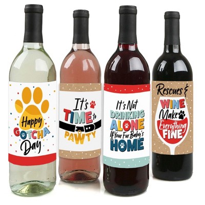Big Dot of Happiness Happy Gotcha Day - Dog and Cat Pet Adoption Party Decorations for Women and Men - Wine Bottle Label Stickers - Set of 4