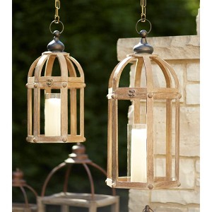 Open Wood Lantern Set 21 Inch Height with Metal Accents and Glass Hurricanes By Melrose - 1 of 3