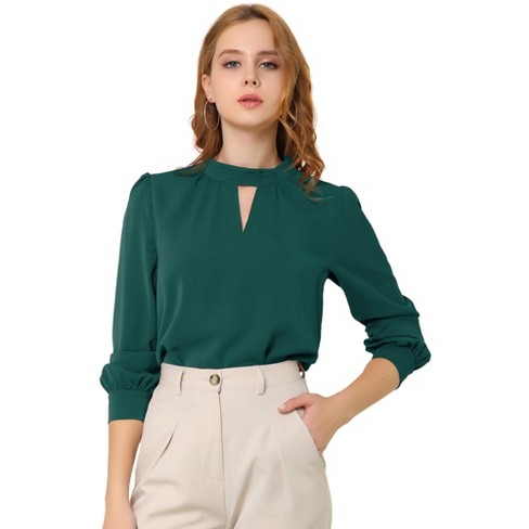 Allegra K Women's Office Keyhole Elegant Stand Collar Long Sleeve Chiffon  Blouses Deep Green X-large : Target