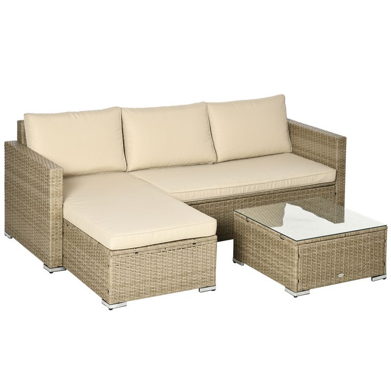 Outsunny 3 Piece Patio Furniture Set, Rattan Outdoor Sofa Set with Chaise Lounge & Loveseat, Soft Cushions, Storage, Table, Sectional Couch, Khaki, 5 of 8